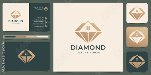 luxury Diamonds and home logo. creative abstract design concepts for real estate agents, hotels, residences. symbol for building. logo design and business card templates. Premium Vector