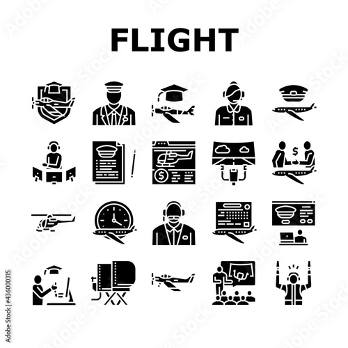 Flight School Educate Collection Icons Set Vector. Flight Courses Education For Prepare Pilot And Air Navigator, Dispatcher And Steward Glyph Pictograms Black Illustrations