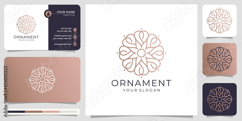 Ornament love heart concept with line art style. infinity love heart symbol circle rounded ornament monogram logo with business card template .Premium Vector