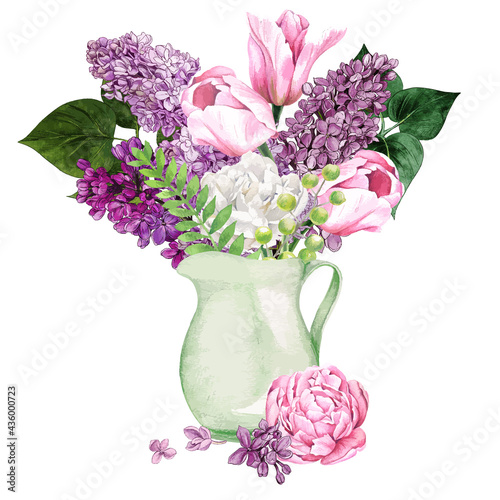 Watercolor lilac flowers and leaves.