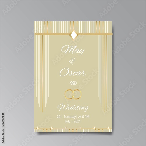 Art Deco, floral wedding invitation, golden white luxury elegant retro.