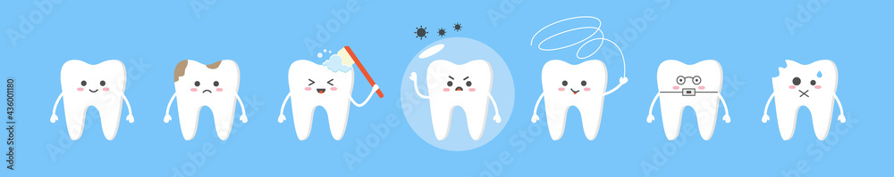 Cute tooth characters in flat style. Set of teeth with different emotions. Vector flat concept about dental health. Animated cartoon teeth characters. Dental and dentistry flat cartoon concept. Cute tooth characters in flat style. Set of teeth with different emotions. Vector flat concept about dental health. Animated cartoon teeth characters. Dental and dentistry flat cartoon concept.