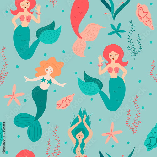 Seamless pattern with mermaids underwater with seaweed and seashells