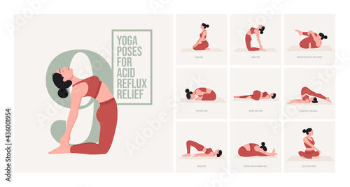 Yoga poses for Acid Reflux Relief. Young woman practicing Yoga pose. Woman workout fitness, aerobic and exercises. Vector Illustration.