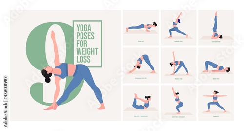 Yoga poses for Weight Loss. Young woman practicing Yoga pose. Woman workout fitness, aerobic and exercises. Vector Illustration.