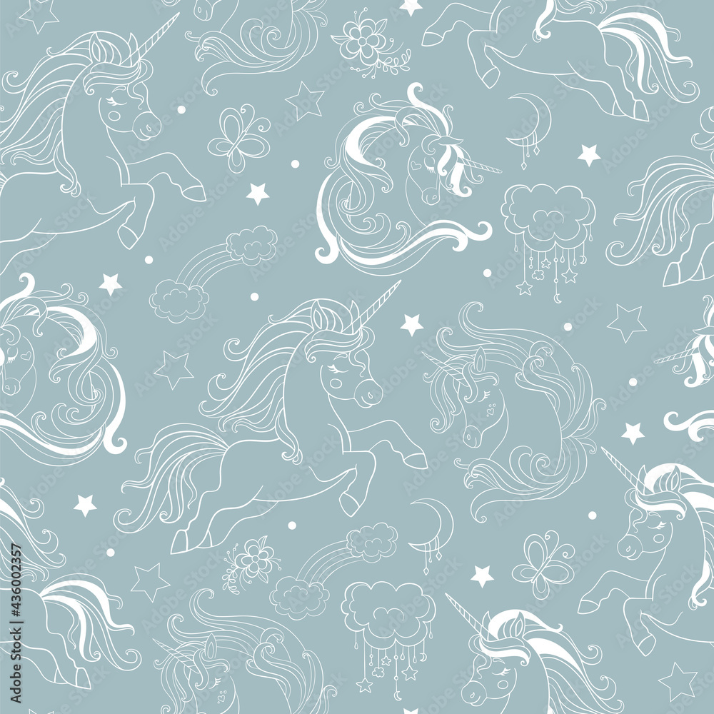 Seamless vector pattern with dreaming monochrome unicorns