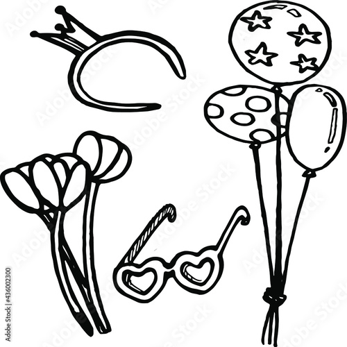 Vector hand drawn doodle bithday objects set, ballons, vector tulips, mascaraed glasses, decorative elements photo