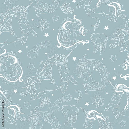 Seamless vector pattern with dreaming monochrome unicorns
