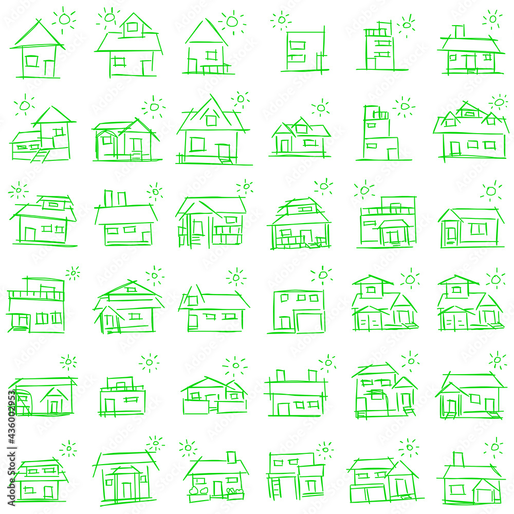 House icon set of rough line art, sun, green