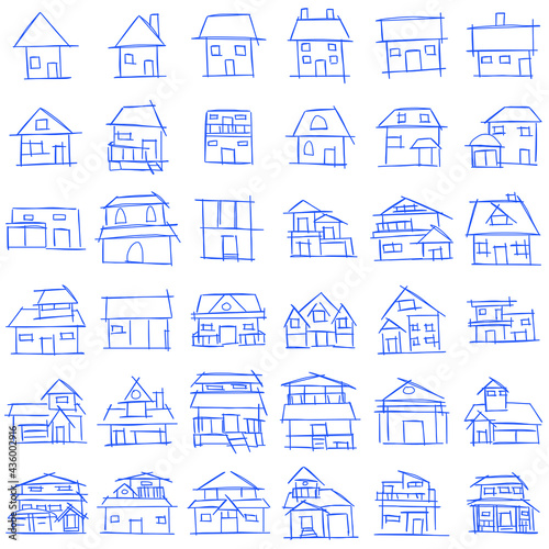 House icon set of rough line art, simple, blue