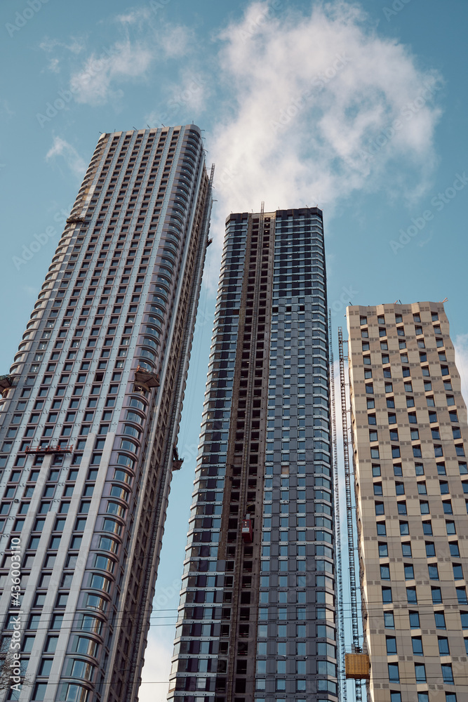 modern skysrapers at dusk. Low angle view