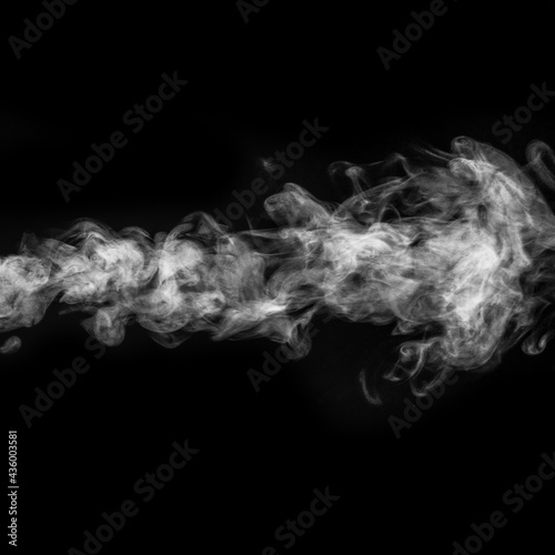 Horizontal curly white steam, fog or smoke isolated with transparent special effect on black background