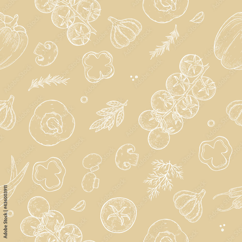 Hand drawn vector seamless pattern with pizza. Sketch style. Perfect for leaflets, cards, posters, prints, menu, booklets Hand drawn vector seamless pattern with pizza. Sketch style. Perfect for leaflets, cards, posters, prints, menu, booklets