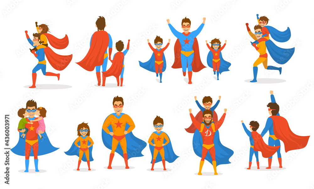 happy fathers day concept isolated vector illustration scenes set, dad and kids, boy and girl playing superheroes, dressed  in super hero costumes