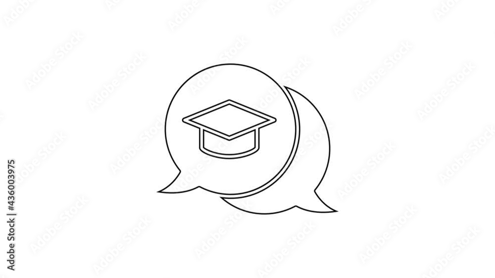 Black line Graduation cap in speech bubble icon isolated on white background. Graduation hat with tassel icon. 4K Video motion graphic animation Black line Graduation cap in speech bubble icon isolated on white background. Graduation hat with tassel icon. 4K Video motion graphic animation