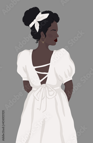 faceless black woman in white vintage dress with open back. vector isolated modern illustration. For poster, postcard, banner, book cover or magazine.