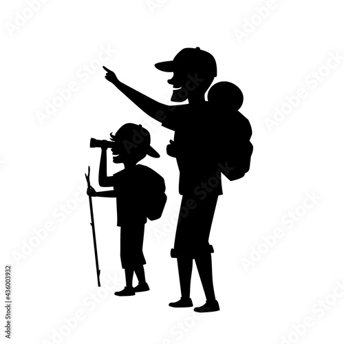 father and son outdoors, boy and man camping hiking traveling with backpacks isolated cartoon vector illustration silhouette scene