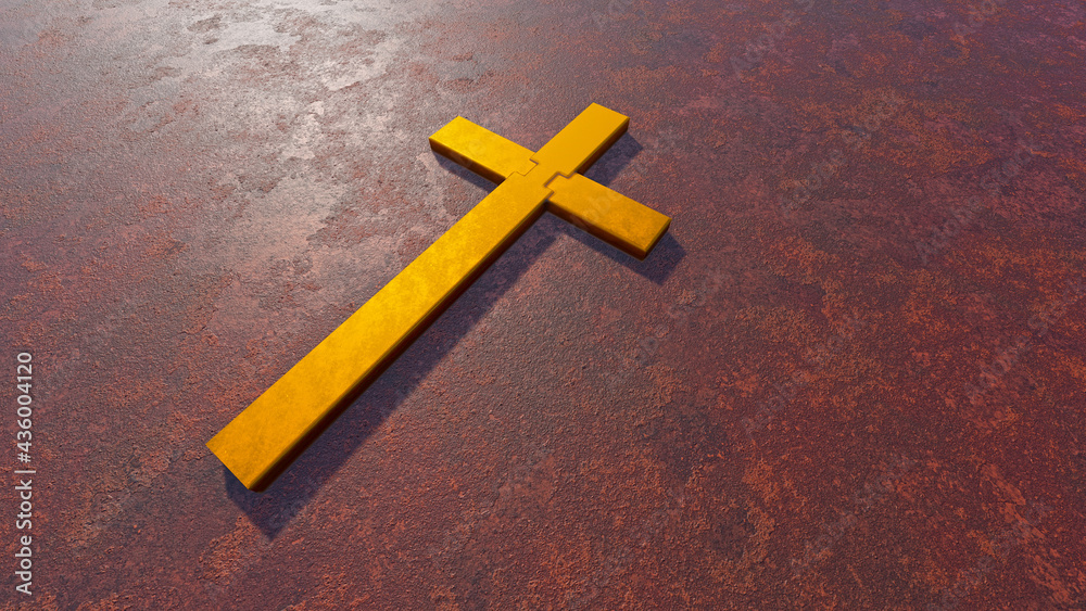 Concept or conceptual golden cross on a  rusted corroded metal or steel sheet backround. 3d illustration metaphor for God, Christ, religious, faith, holy, spiritual, Jesus, belief, resurection