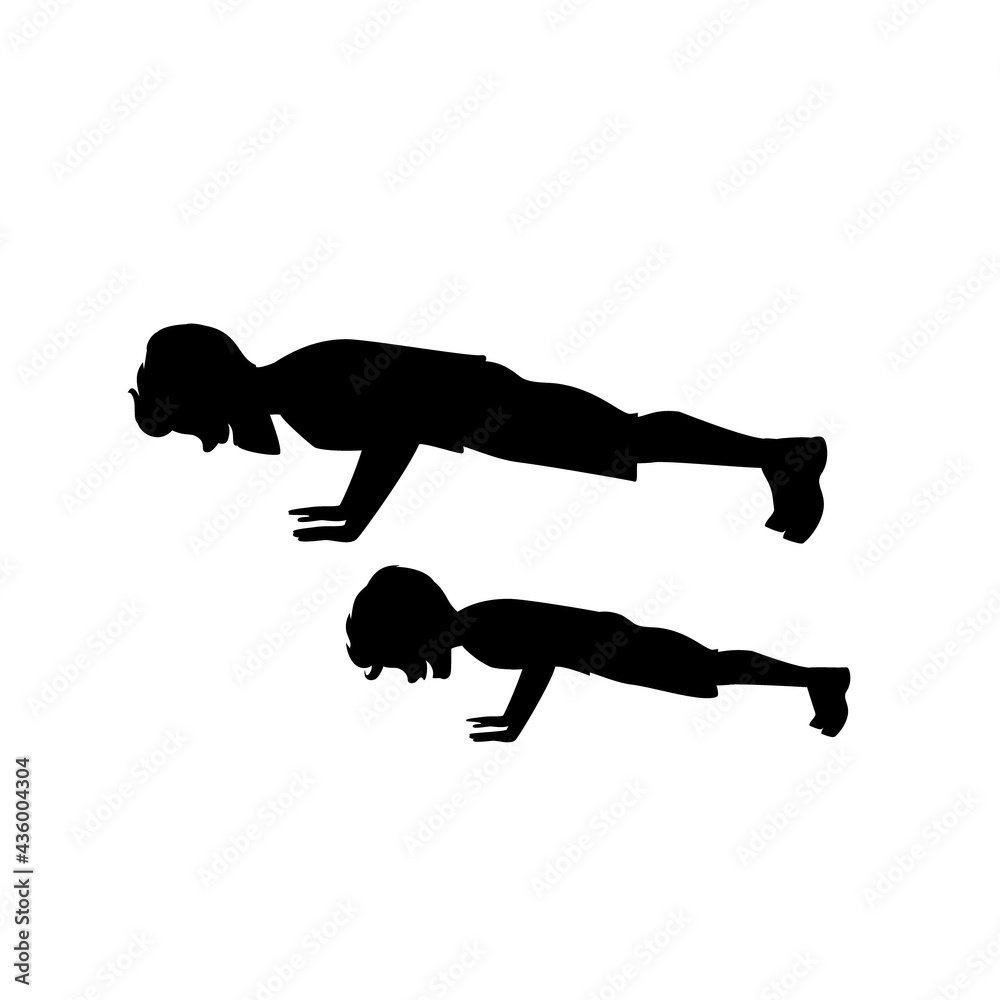 silhouette of man and boy father and son doing push ups workout silhouette of man and boy father and son doing push ups workout