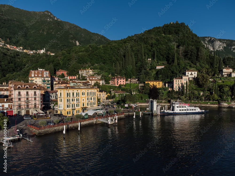 Varenna, Italy - may 25, 2021: Stelvio Ferry Boat stuck at Varenna Dock on Lake Como waiting for passengers and tourists.
