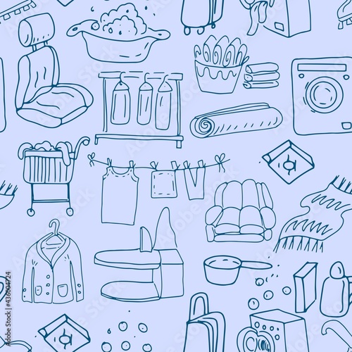 Dry cleaning of clothes, furniture, carpets, washing, cleaning, doodle sketch set of individual elements. Big set clipart background label card business card
