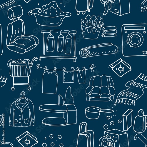 Dry cleaning of clothes, furniture, carpets, washing, cleaning, doodle sketch set of individual elements. Big set clipart background label card business card