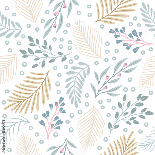 Seamless cute floral vector pattern with plant and flowers. Flower background.