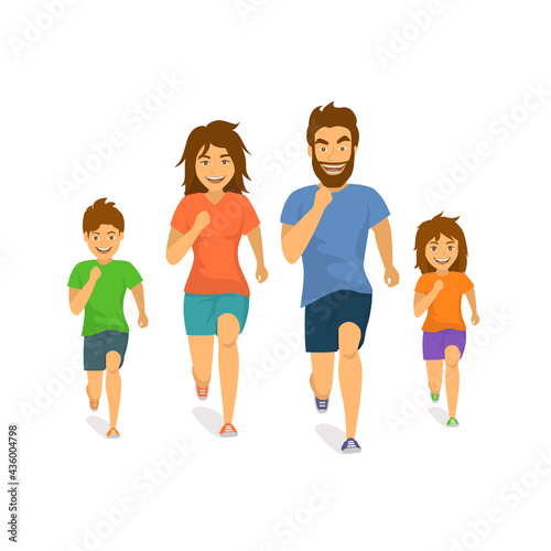 active family man woman boy girl parents and children running jogging together front view cartoon isolated vector illustration scene