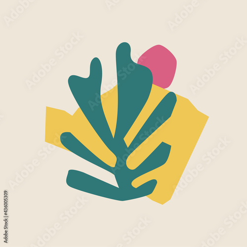 Cutout desert plant. Trendy Matisse inspired style. Retro, vintage. Contemporary paper cut outs form. Summer concept. Vector hand drawn artwork. Pink, red, beige, green, yellow bright color