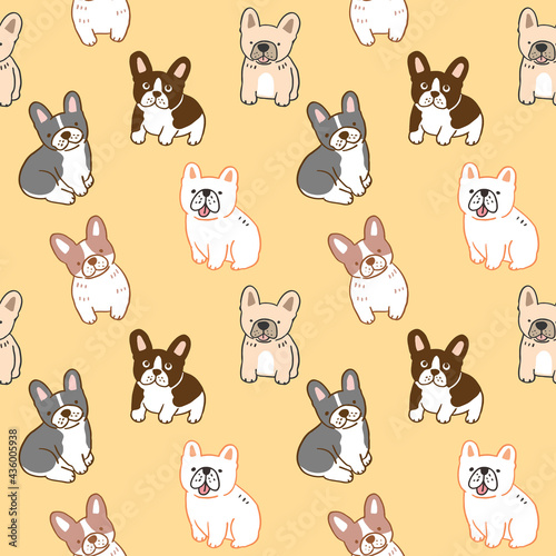 Fototapeta Naklejka Na Ścianę i Meble -  Seamless Pattern of Cute Cartoon French Bulldog Illustration Design on Yellow Background