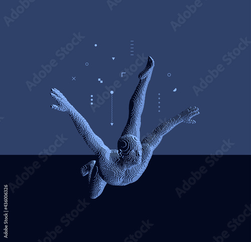 Man falling down. Men floating and hovering in the air. Voxel art. 3D vector illustration.