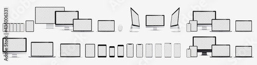 Big realistic set. Device screen mockup collection. Display, smartphone, tablet, laptop and monoblock monitor silver and black color with blank screen for you design. 