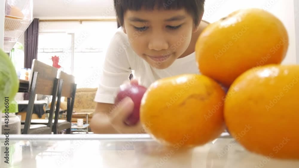 The boy opened the refrigerator and took out 1 apple to eat The boy opened the refrigerator and took out 1 apple to eat