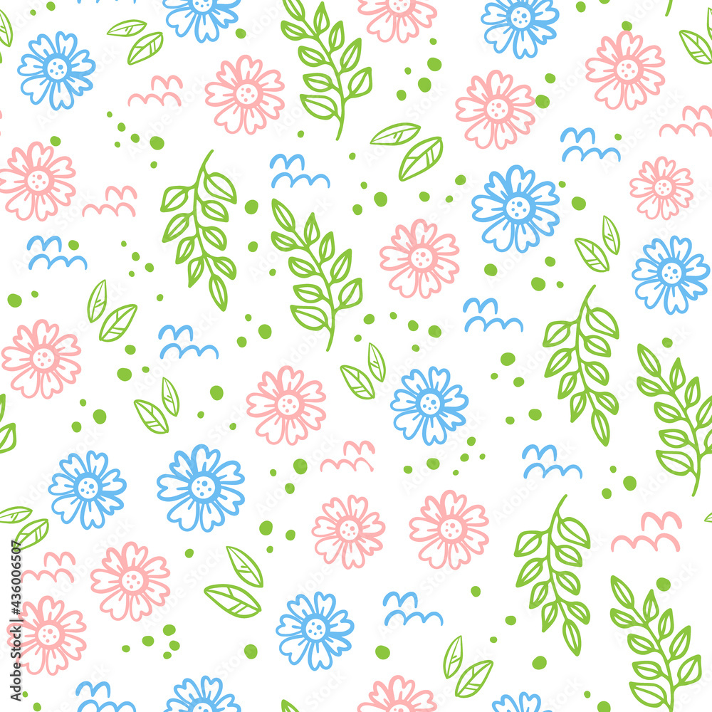 ABSTRACT FLORAL Fabric With Pink And Light Blue Flowers And Green Branches On White Background Cartoon Blooming Nature Seamless Pattern Vector Illustration