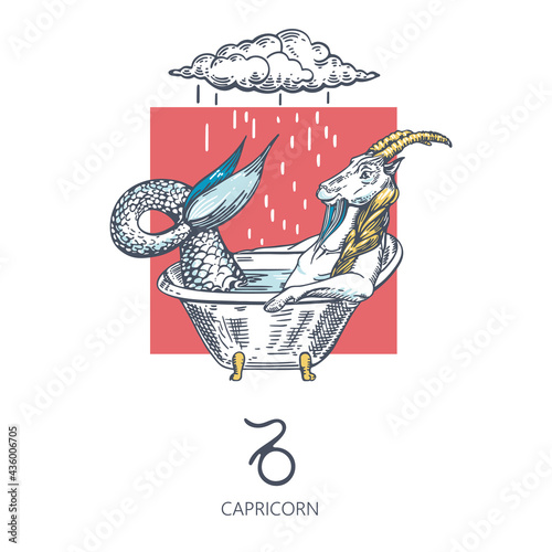 Capricorn zodiac sign. Capricorn is sitting in the bath. Cloud and rain.
