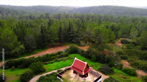 Aerial Shot Of Thai Pagoda, Drone Flying Over Trees In Ben Shemen Forest photo