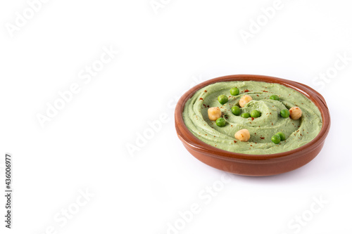 Green pea hummus isolated on white background. Copy space 
