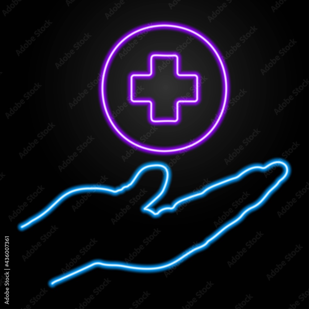 Neon sign hand and medical cross, modern glowing banner design, colorful trend of modern design on black background. Vector illustration. Neon sign hand and medical cross, modern glowing banner design, colorful trend of modern design on black background. Vector illustration.