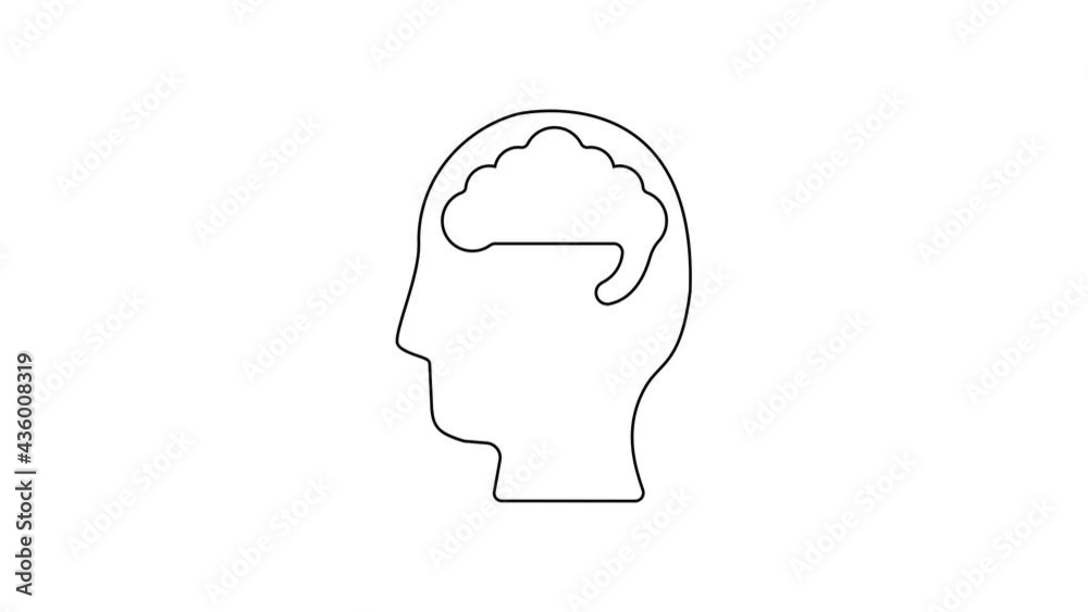 Black line Human brain icon isolated on white background. 4K Video motion graphic animation Black line Human brain icon isolated on white background. 4K Video motion graphic animation