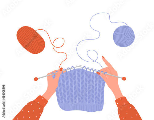 Knitting process. Balls of yarn. Female hands with needles and thread. Top view of the workplace. Tailor shop elements. Hand drawn vector illustration in flat cartoon style.