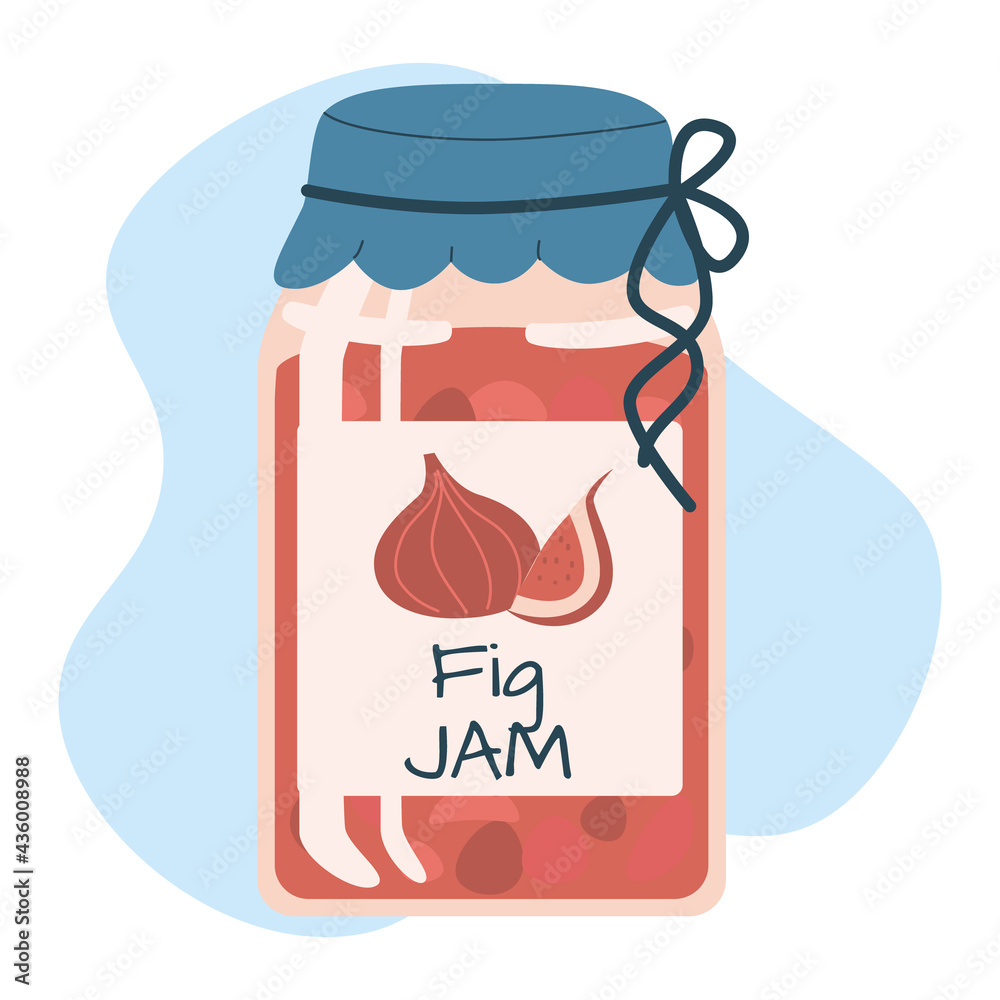Fig Jam, fruit healthy delicious in jar. Organic food cartoon vector illustration, isolated on white background. Used for magazine, poster, menu, web pages Fig Jam, fruit healthy delicious in jar. Organic food cartoon vector illustration, isolated on white background. Used for magazine, poster, menu, web pages
