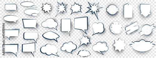 Set of speech bubbles. Blank retro empty comic bubbles. Comic book graphic art speech clouds, thinking bubbles and conversation text elements illustration set.   Blank cartoon discussion illustration