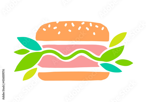 Meat vegan vector icon. Plant based hamburger. Green leaves instead of meat cutlet. Vegan product made from plants.