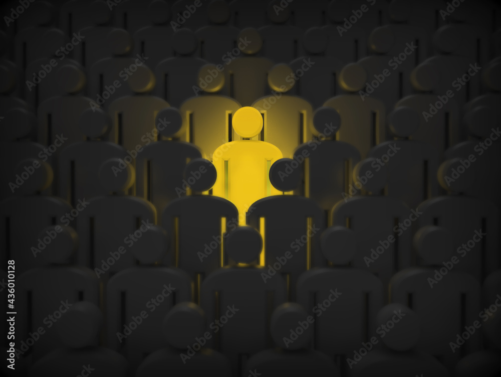 Fototapeta premium 3D Illustration - Glowing man in the middle of group of men - Unique man stand out