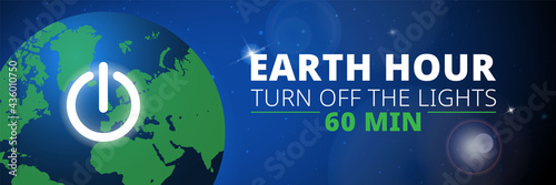 Earth hour illustration with planet and turn off button. Turn off the lights. Web banner.