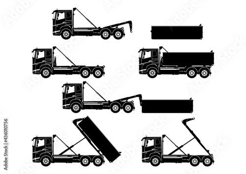 Silhouettes of skip truck hook lift with containers. Side view of roll on off skips. Flat vector.