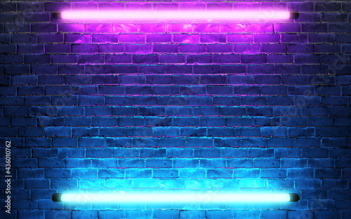 Fototapeta Naklejka Na Ścianę i Meble -  Modern futuristic neon lights on old grunge brick wall room background. 3d rendering