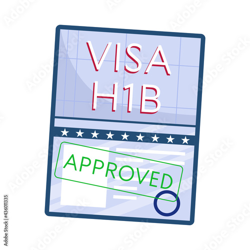 Approved working American visa, top view, isolated on a white background. H1B visa. Vector illustration in a flat style.