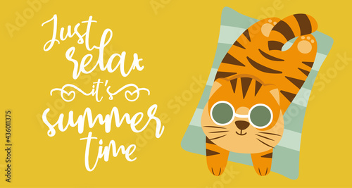 Tiger lie on beach. Relax concept. Lettering summer slogan. Card or banner, poster in sea colors. Summer mood. Vector charcter illustration.