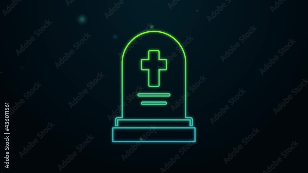 Glowing neon line Grave with tombstone icon isolated on black background. 4K Video motion graphic animation Glowing neon line Grave with tombstone icon isolated on black background. 4K Video motion graphic animation